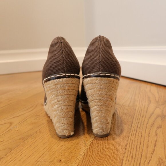 TORY BURCH brown wedge shoes 10 peep hole espadrille canvas vacation boho logo - Picture 7 of 11